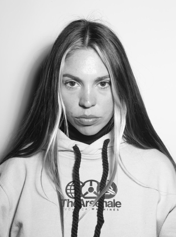 Black-and-white portrait of Marcela Meignan.