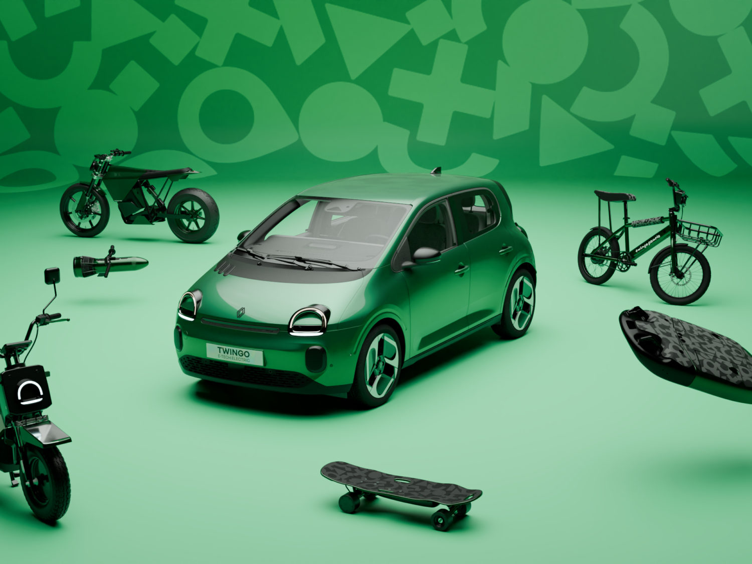 Renault Twingomania collection with a green Twingo, bikes and skateboards.