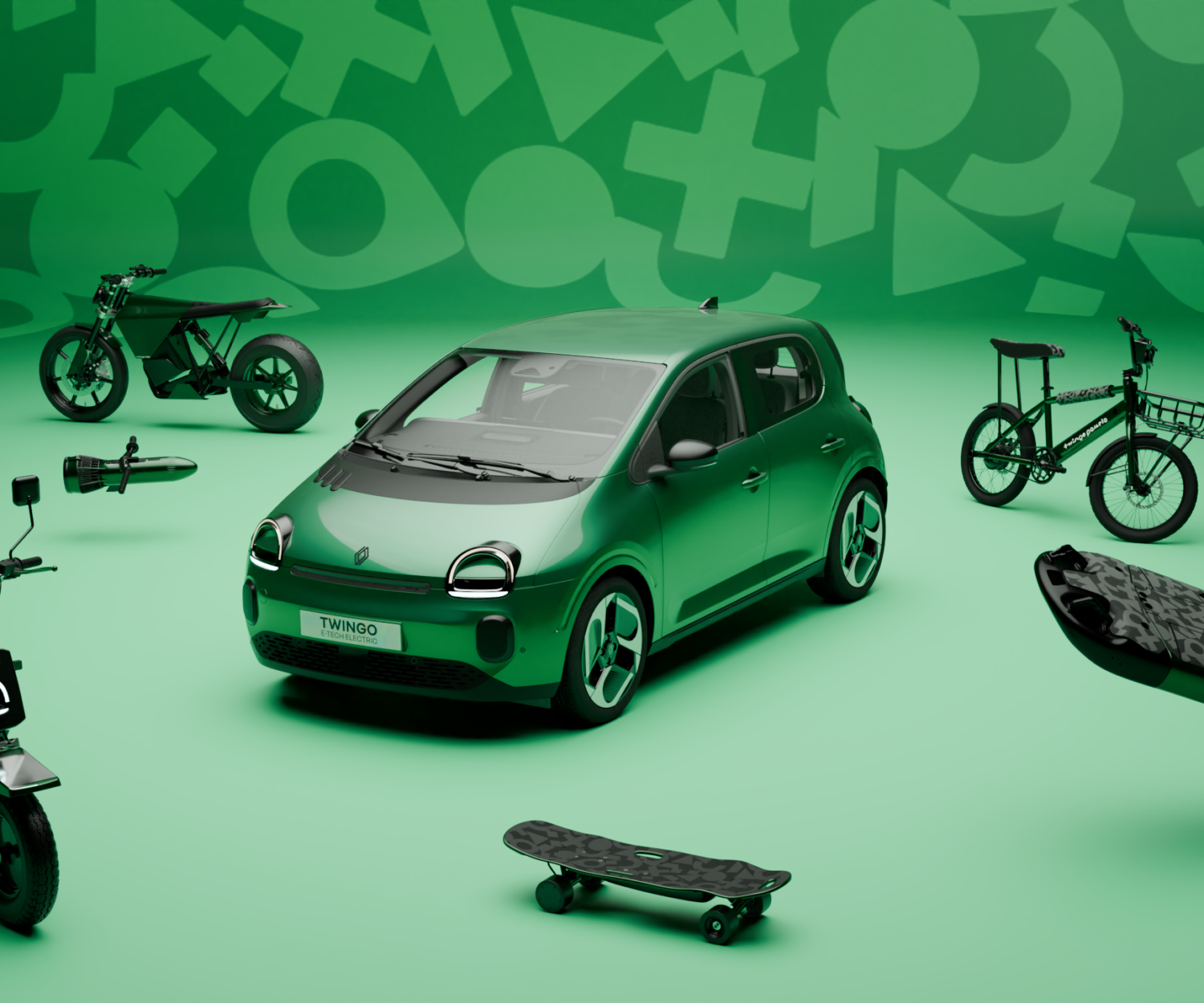 Renault Twingomania collection with a green Twingo, bikes and skateboards.