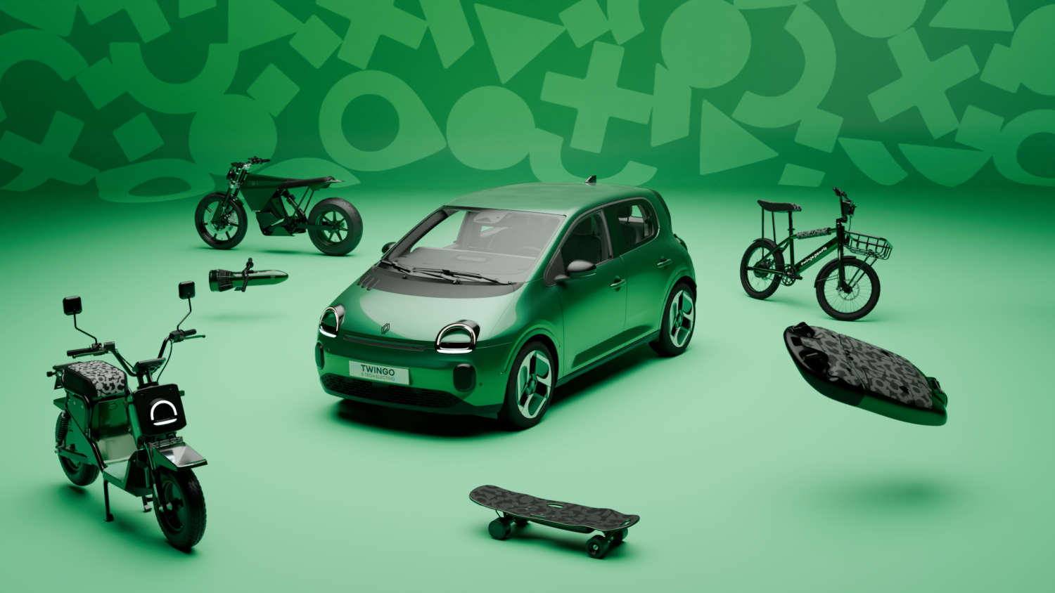 Renault Twingomania collection with a green Twingo, bikes and skateboards.