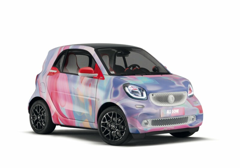 smart fortwo All Gone edition with pink and multicoloured graphic bodywork